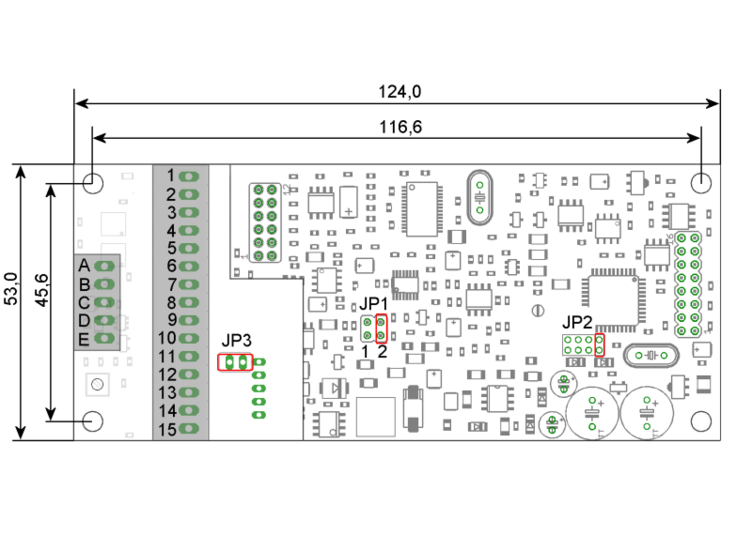 Measuring amplifier as an PCB for sensors with straingages. Serial Port RS232, RS422, analogue output -5V...+5V, limiting frequency 250Hz, input sensitivity from 2mV/V.