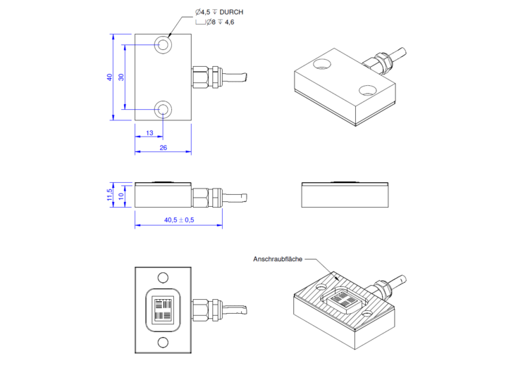 Strain Sensor, 350 Ohm, 38 mm x 54 mm x 20 mm, mounting with screws M6x25; Straingage-Type FAE4-10S