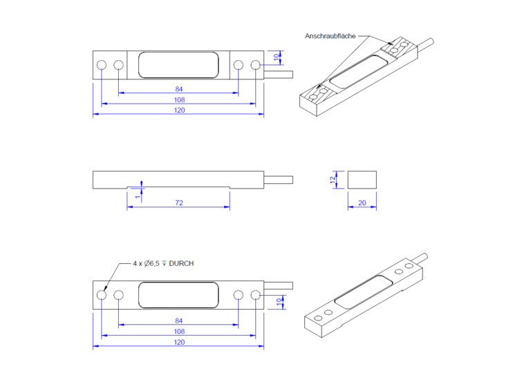 Strain sensor, 120mm x 20mm x 11mm, 5m cable, 100 µm/m