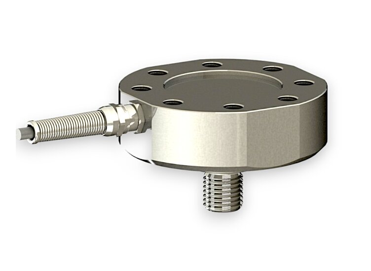 Force sensor for tensile force and compressive force with the measuring ranges 2 kN ... 10 kN, dimensions ø65mm x 35mm, 3m connection cable / M12 circular connector