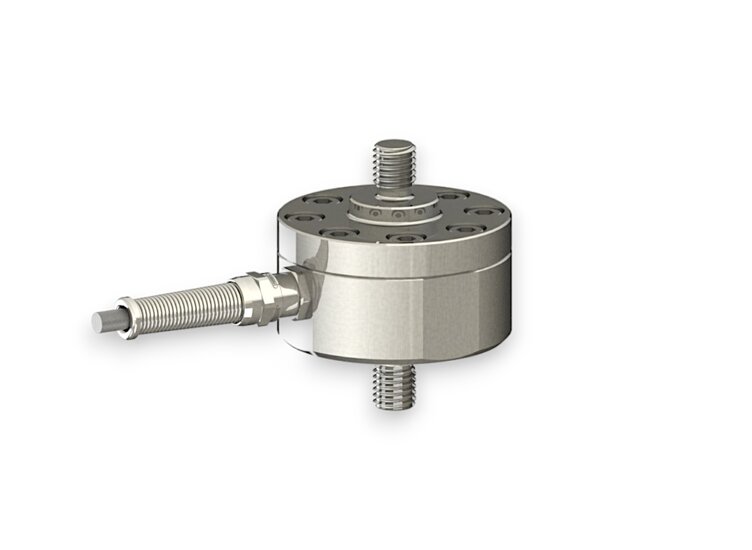 Force sensor for tensile force and compressive force with the measuring ranges 2 kN ... 10 kN, dimensions ø65mm x 35mm, 3m connection cable / M12 circular connector