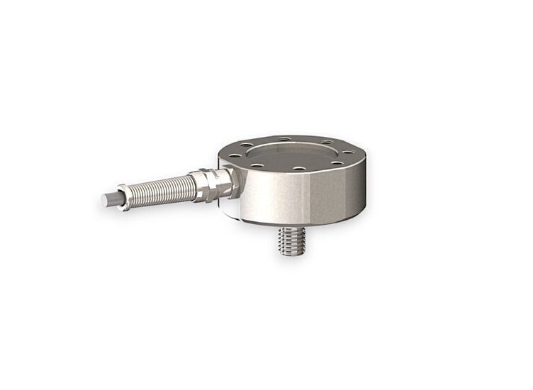 Force sensor for tensile force and compressive force with the measuring ranges 2 kN ... 10 kN, dimensions ø65mm x 35mm, 3m connection cable / M12 circular connector