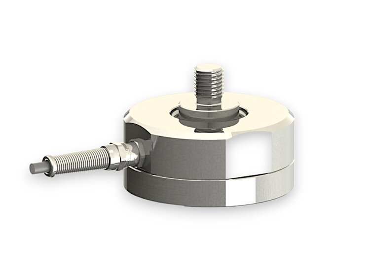 Force sensor for tensile force and compressive force with the measuring ranges 10 kN ... 50 kN, dimensions ø90mm x 50mm, 3m connection cable / M12 circular connector